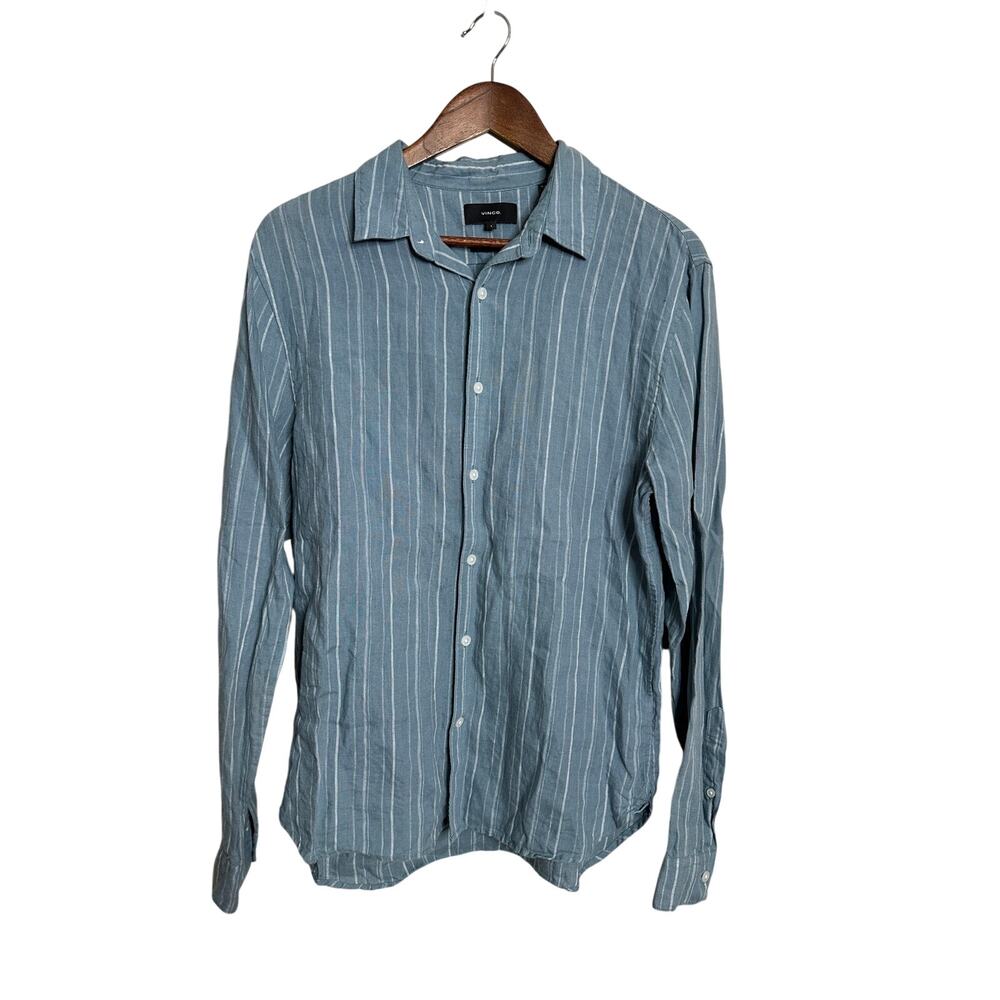 Vince 100% Linen Striped Button Front Shirt Blue White Classic Fit Mens S